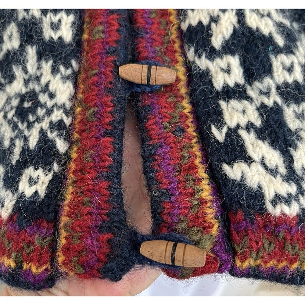Pokhara Hand Knit Women Wool Cardigan Sweater L Nordic Fair Isle Toggle Buttons - Picture 9 of 13